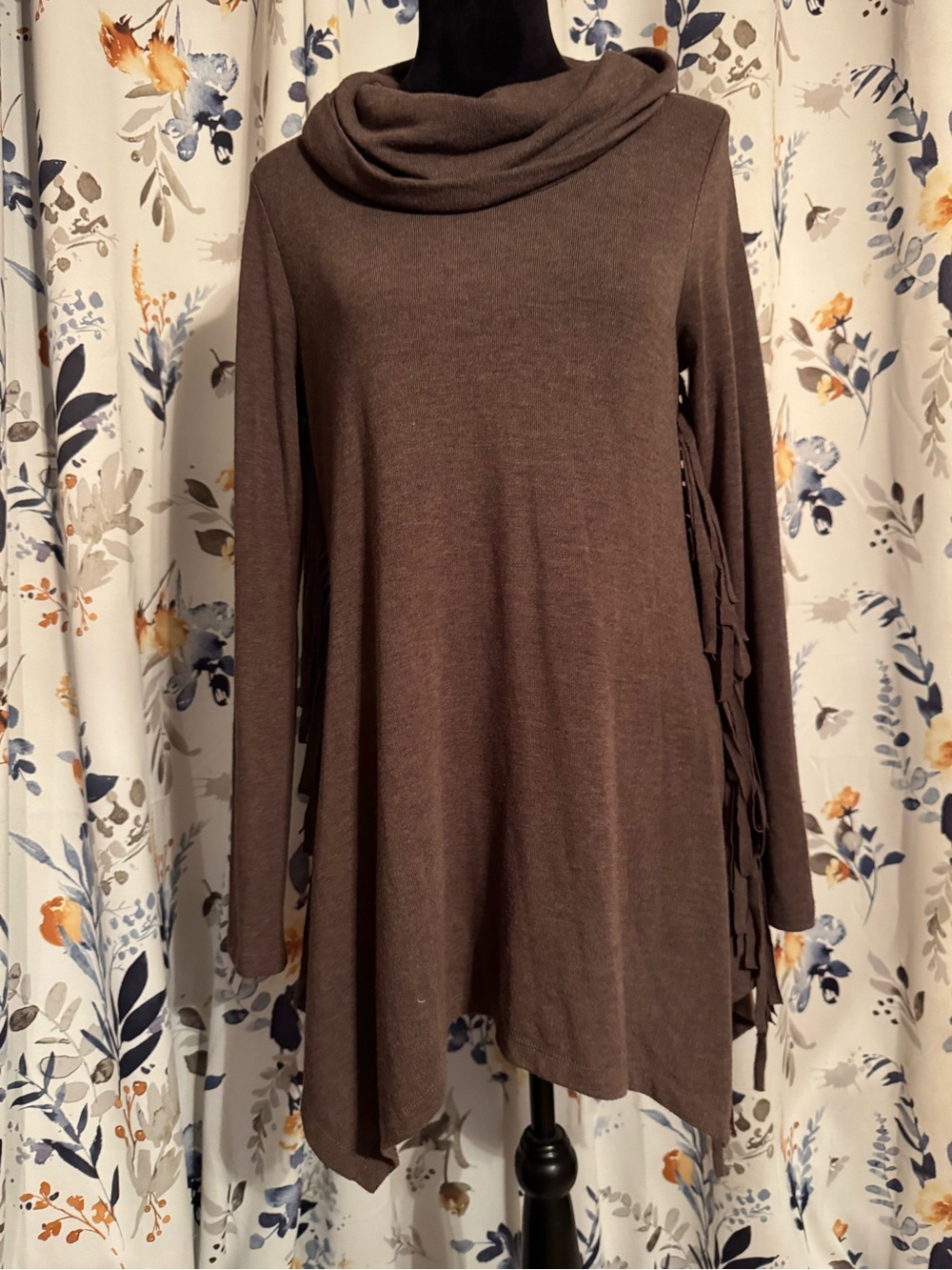Grace Elements Brown Asymmetrical Cowl Neck Tunic Dress With Fringe B5